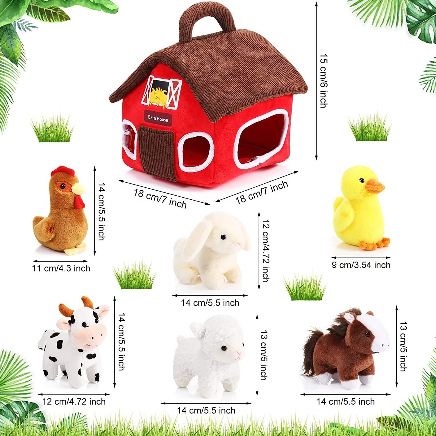 7 Pieces Plush Farm Animals Set Include Barn House Carrier 5 Inch Plush Stuffed Animals Cow Sheep Horses Farm Animals Kids Toys