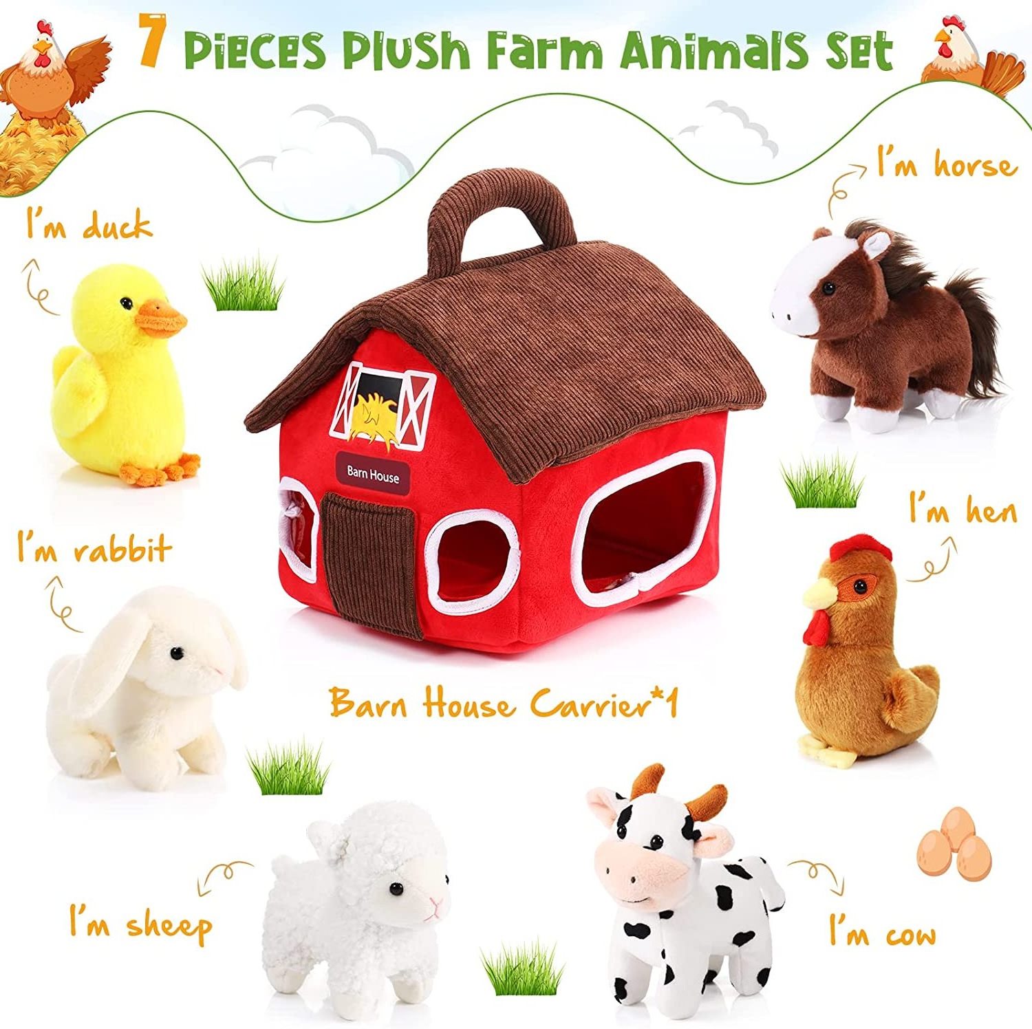 7 Pieces Plush Farm Animals Set Include Barn House Carrier 5 Inch Plush Stuffed Animals Cow Sheep Horses Farm Animals Kids Toys