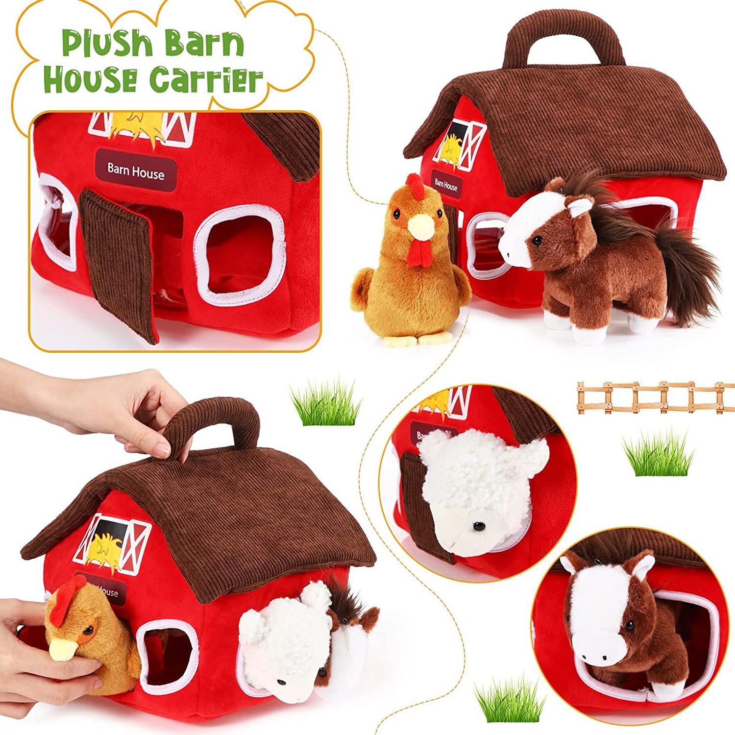 7 Pieces Plush Farm Animals Set Include Barn House Carrier 5 Inch Plush Stuffed Animals Cow Sheep Horses Farm Animals Kids Toys