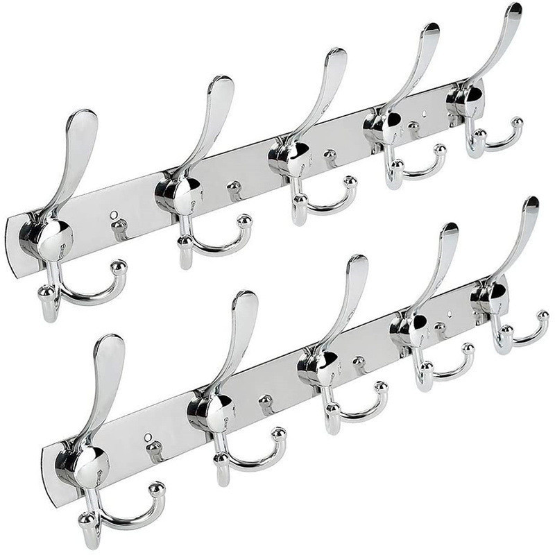 Wall Mounted Coat Rack - 5 Tri Hooks Stainless Steel Metal Coat Hook Rail for Coat Hat Towel Purse Robes