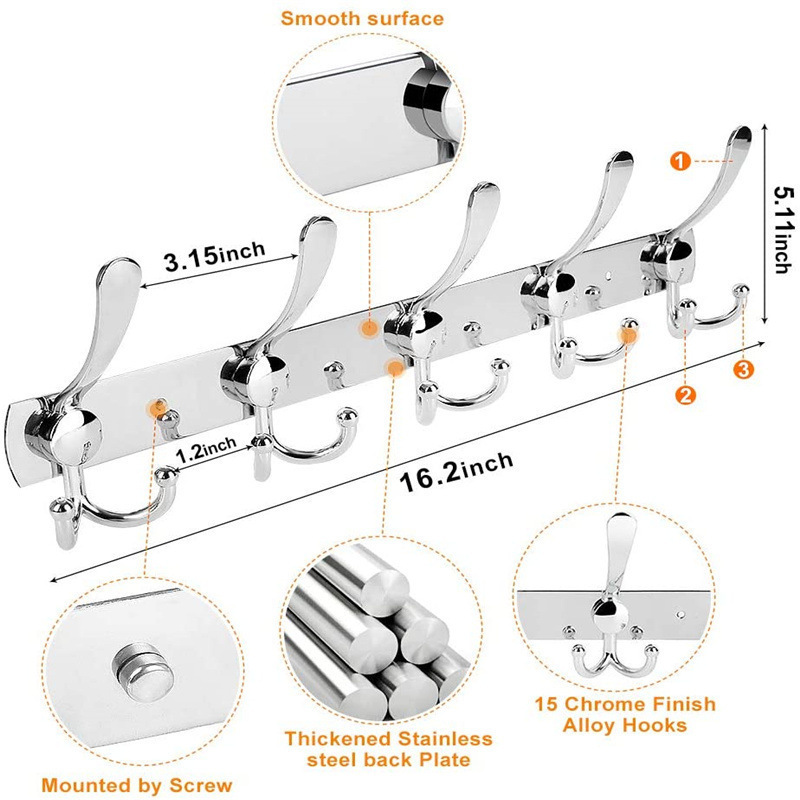 Wall Mounted Coat Rack - 5 Tri Hooks Stainless Steel Metal Coat Hook Rail for Coat Hat Towel Purse Robes