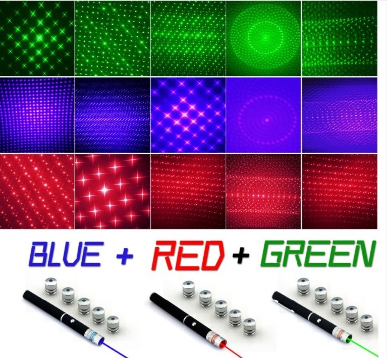 6 in 1 405nm 532nm 650nm Red Green Blue Laser Pointer Pen Laser Flashlight + 5Star heads Beam Light