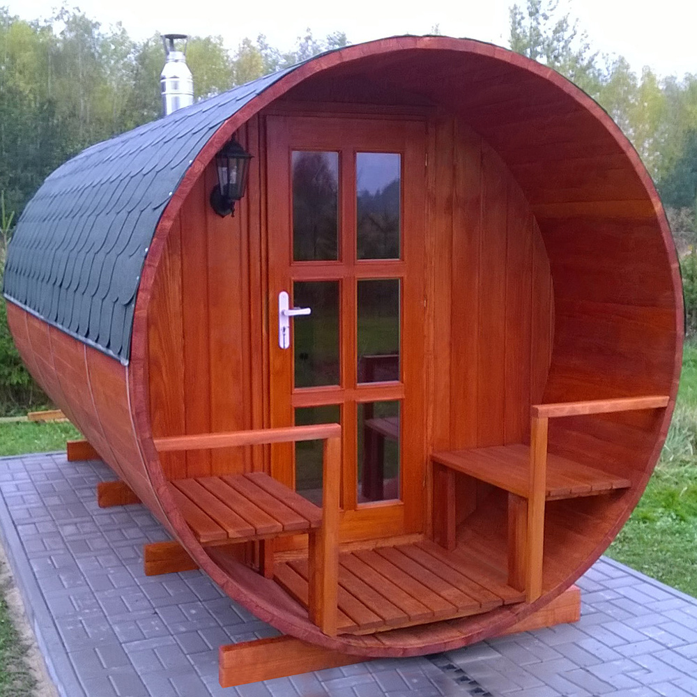 Wholesale Red Cedar Barrel Steam Sauna With sauna Heater and Porch