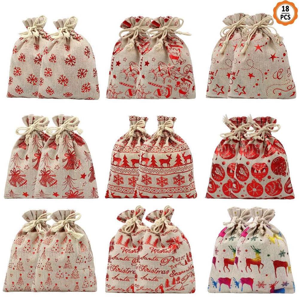 Drawstring Jute Gift Bags Sacks Jewelry Present Pouches Color Print Linen Burlap Bag Christmas Treat Bags