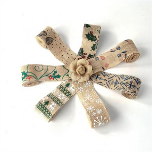 Wholesale Christmas Ribbon Holly Pinecone Berries Pattern Linen Rustic Burlap Ribbons Christmas Wired Ribbon