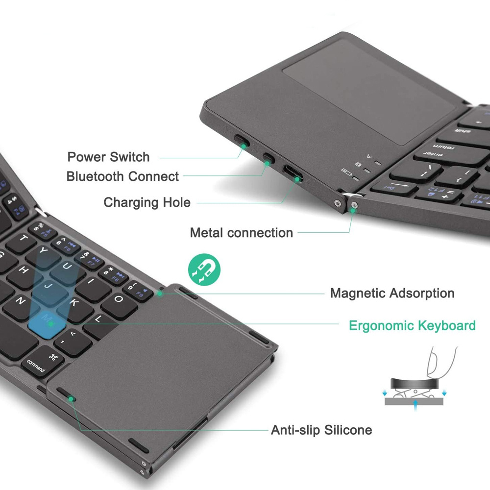 Full Size Foldable Slim Mini Keyboard Foldable Wireless Bluetooth Keyboard with Touchpad for Tablets, Notebooks, Mobile Phones