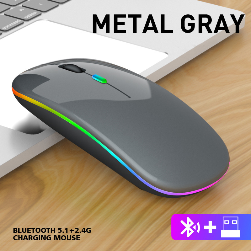 Custom LED RGB Backlit Rechargeable Gaming Wireless Mouse 2.4GHz Bluetooth 5.0 Dual Mode Wireless Mouse Muted for Laptop iPad