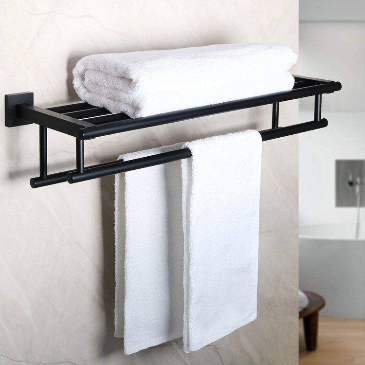 Jutye Bathroom Wall Mount stainless steel Tower Holder Towel Hanger with Double Towel Bars Black Towel Rack