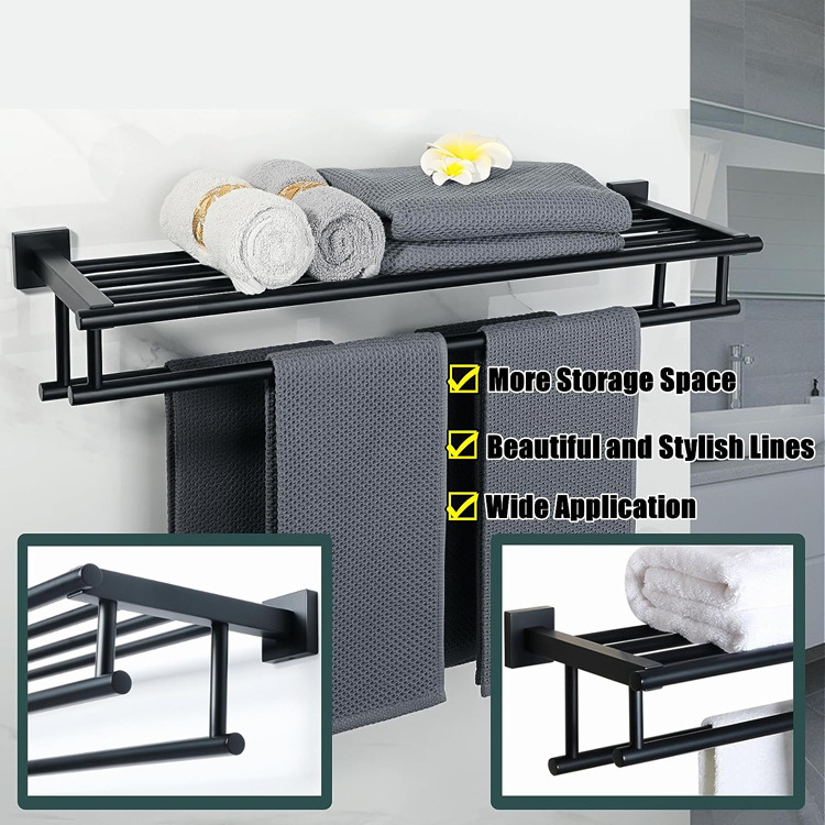 Jutye Bathroom Wall Mount stainless steel Tower Holder Towel Hanger with Double Towel Bars Black Towel Rack