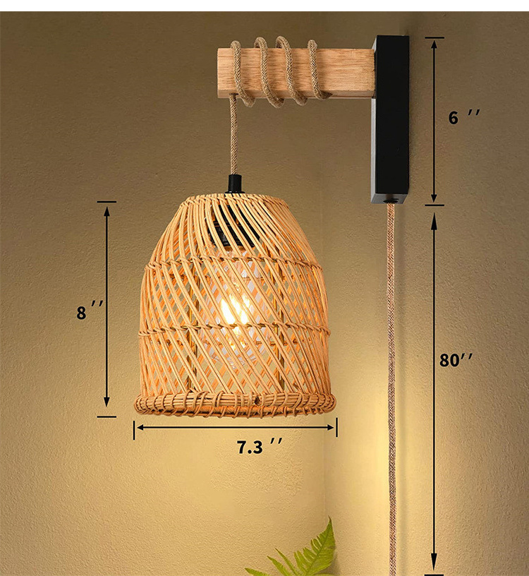 Woven natural modern art design rattan  wall lamp style bamboo  shade  decorative  boho lantern