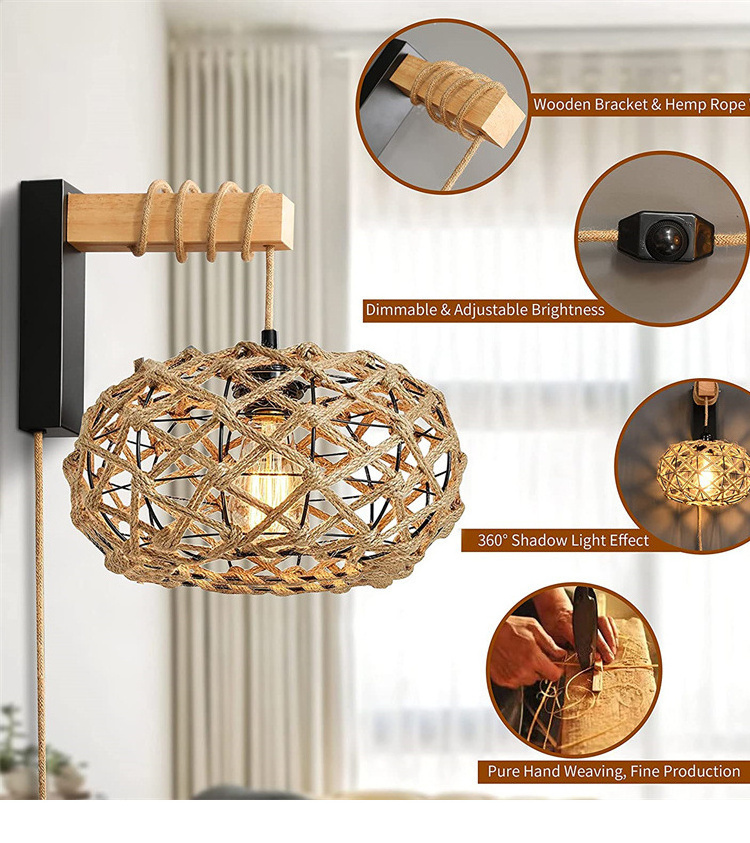 Woven natural modern art design rattan  wall lamp style bamboo  shade  decorative  boho lantern