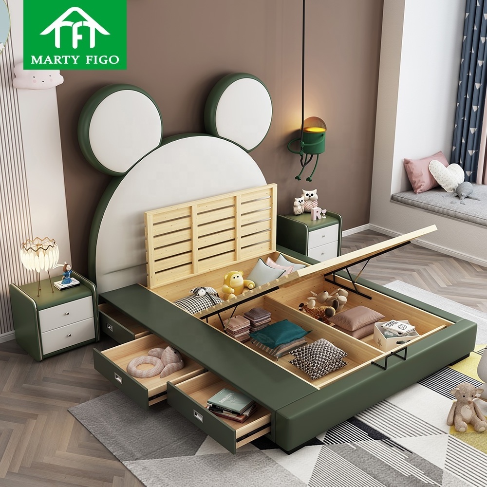 Cartoon theme headboard leather fabric sleep beds base children mattress wooden frame upholstered platform solid wood kids' beds