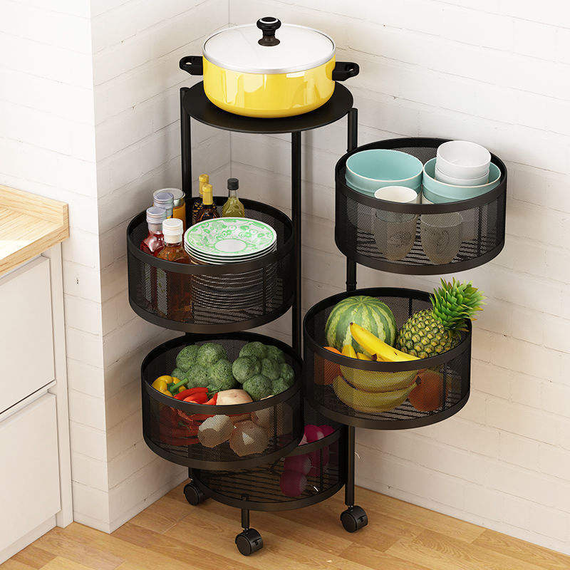 Kitchen Floor To Ceiling Multi-Layer Fruit And Vegetable Basket Rotatable 360 Degree Storage Rack Multifunctional Storage Basket