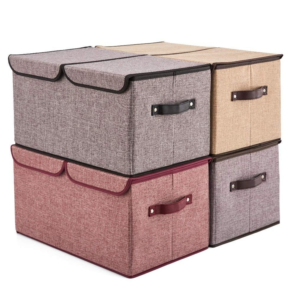 Large Lidded Storage Boxes Linen Fabric Foldable Cubes Bin Box Containers with Lid/Handles for Home, Office, Nursery, Toys