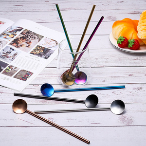 High Quality 304 stainless steel Long Straws with Spoon 2 in 1 metal Coffee cocktail stirrers straw