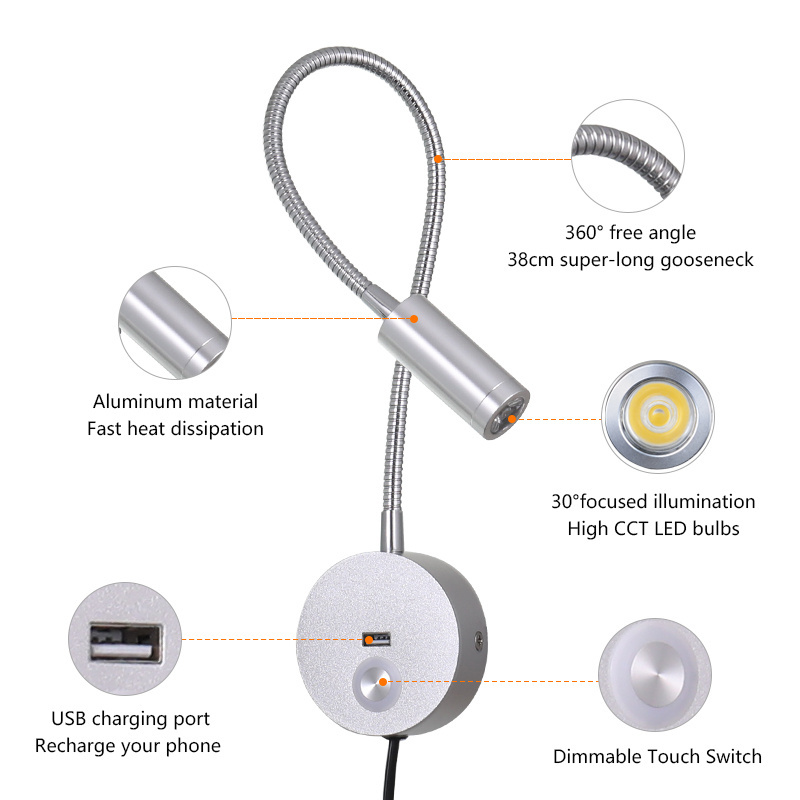 3W  touch dimmable led book light with plug cord led wall mounted reading light for hotel bedroom usb reading light