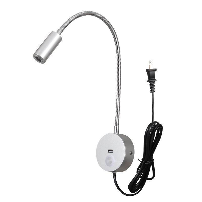 3W  touch dimmable led book light with plug cord led wall mounted reading light for hotel bedroom usb reading light