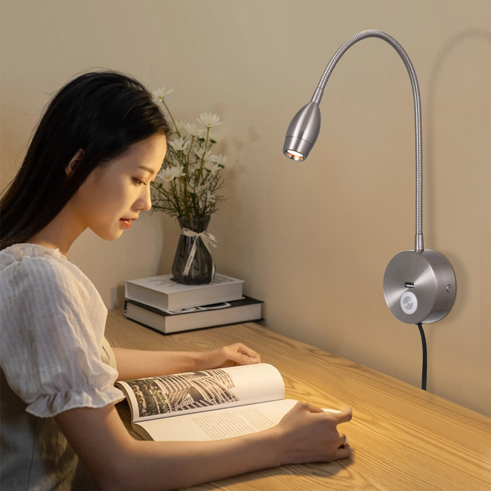 Wall Mounted LED Reading Light with Flexible Gooseneck USB Charging Port Touch Switch Dimmable Book Light for Reading In Bed