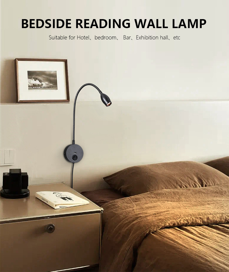 Hotel Bedroom bedroom headboard flexible gooseneck lamp 3W wall mounted led reading light bedside wall light picture lights