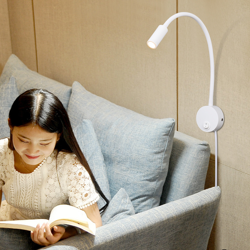 Wall Mounted Reading Light Sconces Lamp Gooseneck LED 3W Input 110-240V Plug in Cord Bedside Headboard Wall Mounted for Reading