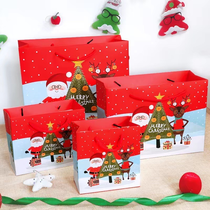 wholesale Merry Christmas paper gift bag folding Santa Claus tree cartoon red Christmas gift bags with handles