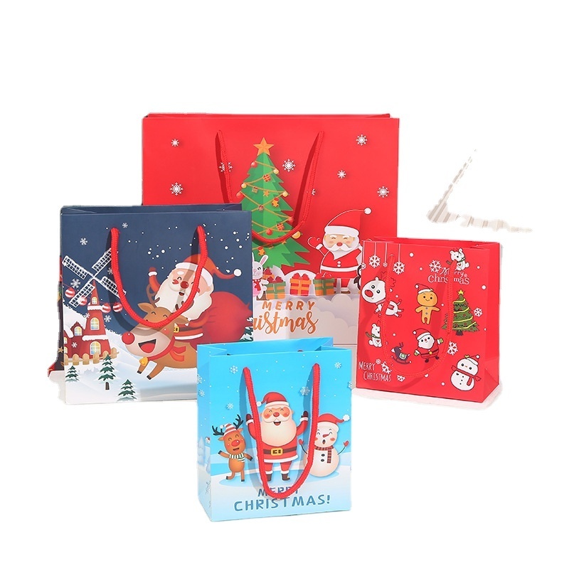 JuYi recycled cartoon Christmas paper gift bag packaging food packing foldable  Santa Claus paper  shopping bag with handles