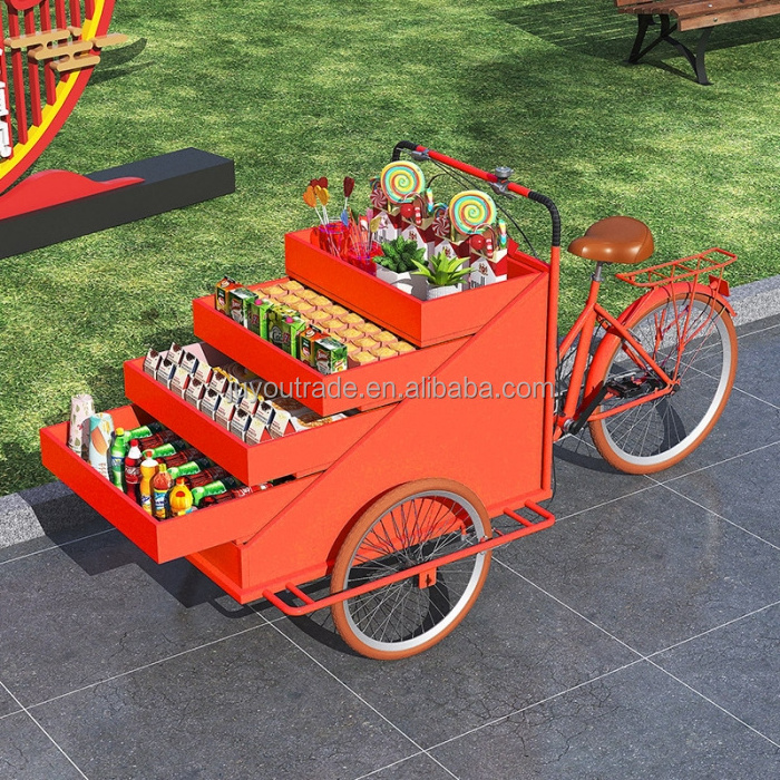 Snack Cart tricycle Cart with Umbrella Hand Push able Float Cart Iron Art food truck