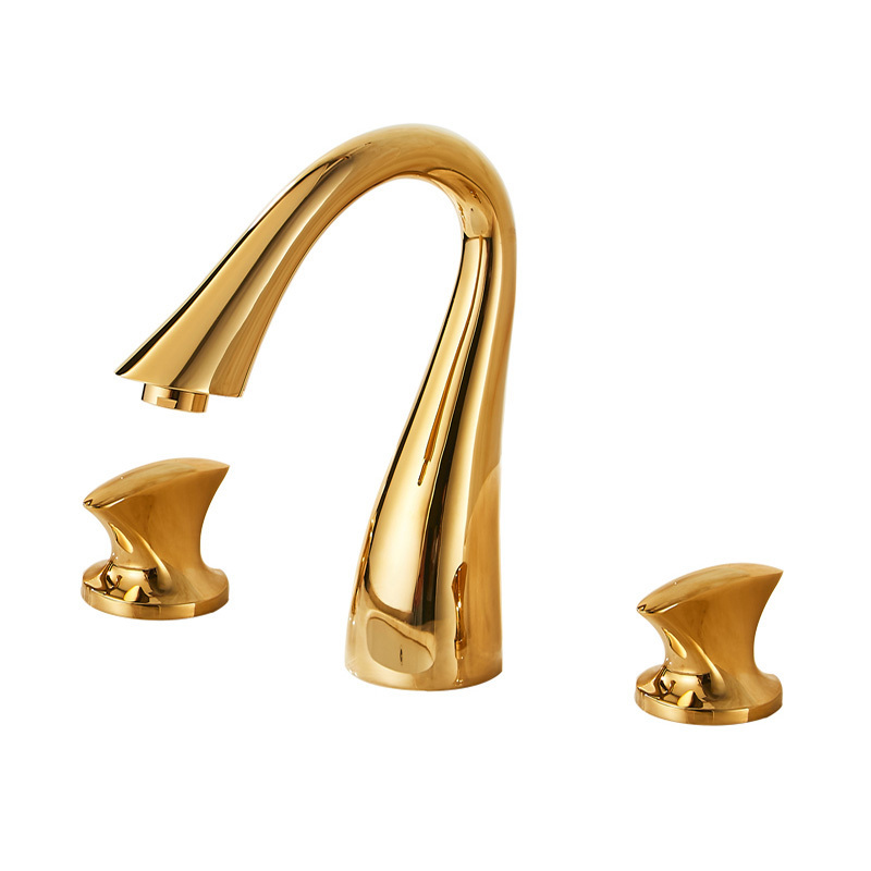 Holes Basin Vanity Water Tap Solid Brass Bathroom Swan Neck Waterfall Basin Sink Faucet Gold Color 3 Hot Cold Water Dual Handle