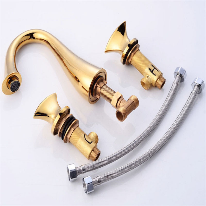 Holes Basin Vanity Water Tap Solid Brass Bathroom Swan Neck Waterfall Basin Sink Faucet Gold Color 3 Hot Cold Water Dual Handle