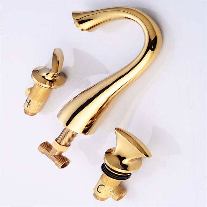 Holes Basin Vanity Water Tap Solid Brass Bathroom Swan Neck Waterfall Basin Sink Faucet Gold Color 3 Hot Cold Water Dual Handle