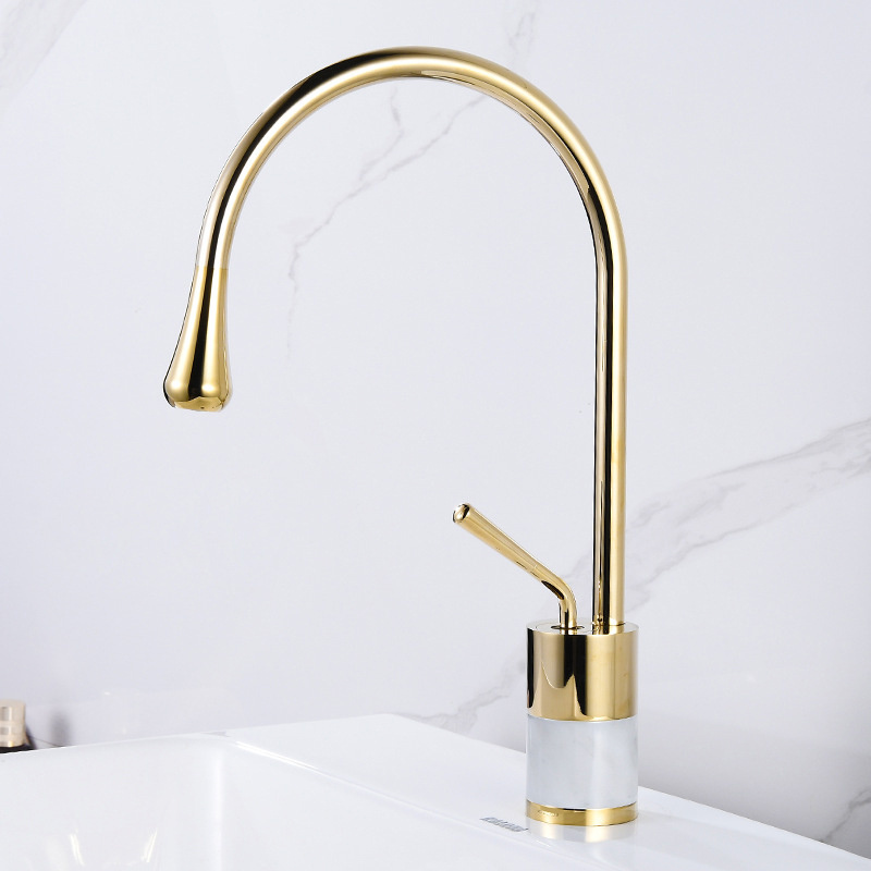 European Modern Luxury Long Neck Golden Color Water Drop Shape Bathroom Basin Sink Water Faucet