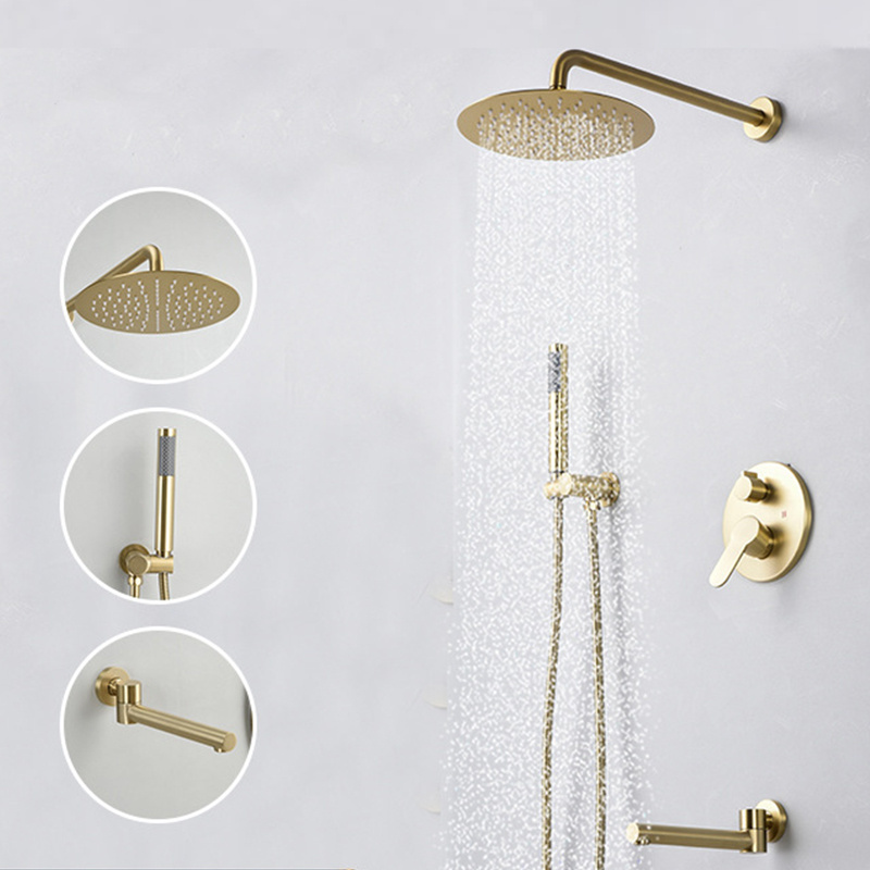 Concealed 3 Function Wall-mount Shower and Bath Golden European Bathroom Hot Cold Water Mixer Brass Handle Shower Faucet Set