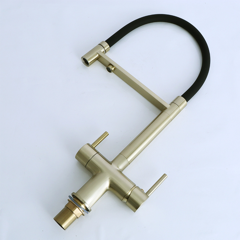 Golden Color Brass Deck Mounted Dual Handle Pull Down Purified Water KItchen Tap Head Faucet Sprayer with Water Filter