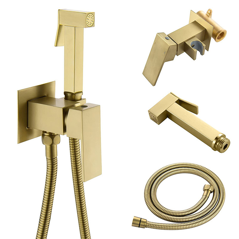 JVK WC Toilet Brass Bidet Ablution Faucet Golden Shattaf Set Concealed Hot and Cold Handheld Toliet Water Spray Bidet Gold