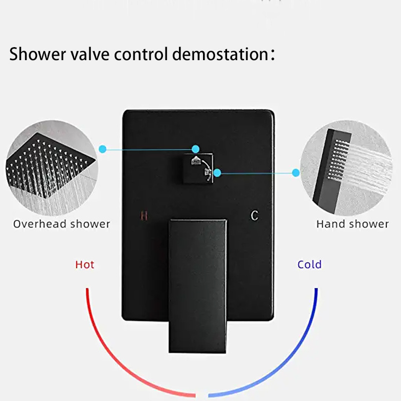 In Wall Bathroom 3 Function Black Shower Faucet Combo Rainfall Shower System Set with 12'' High Pressure Rain Shower Head