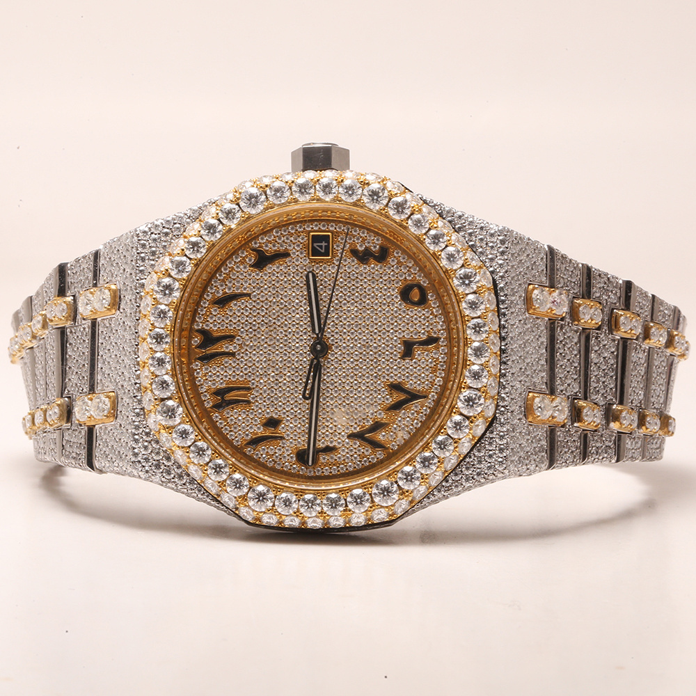 Stylishly designed with moissanite round brilliant cut diamonds and stainless steel watch is a perfect choice for the men