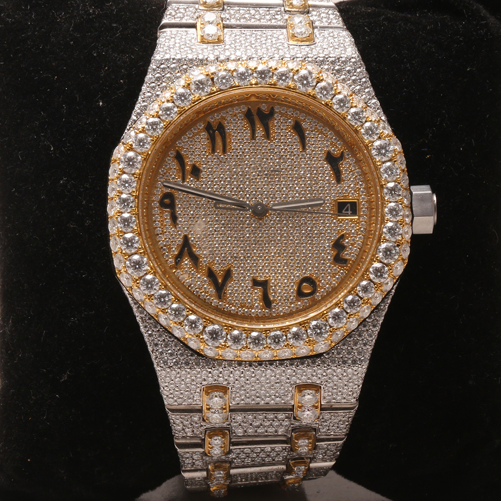 Stylishly designed with moissanite round brilliant cut diamonds and stainless steel watch is a perfect choice for the men