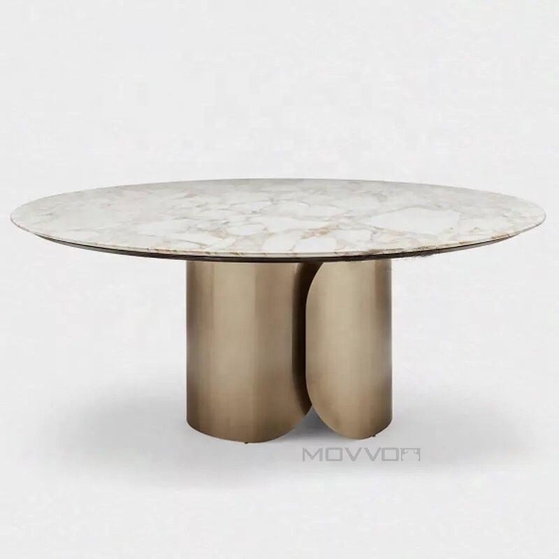 High level Classic Modern Dining Room Furniture white marble ROUND dining table with stainless steel curve base