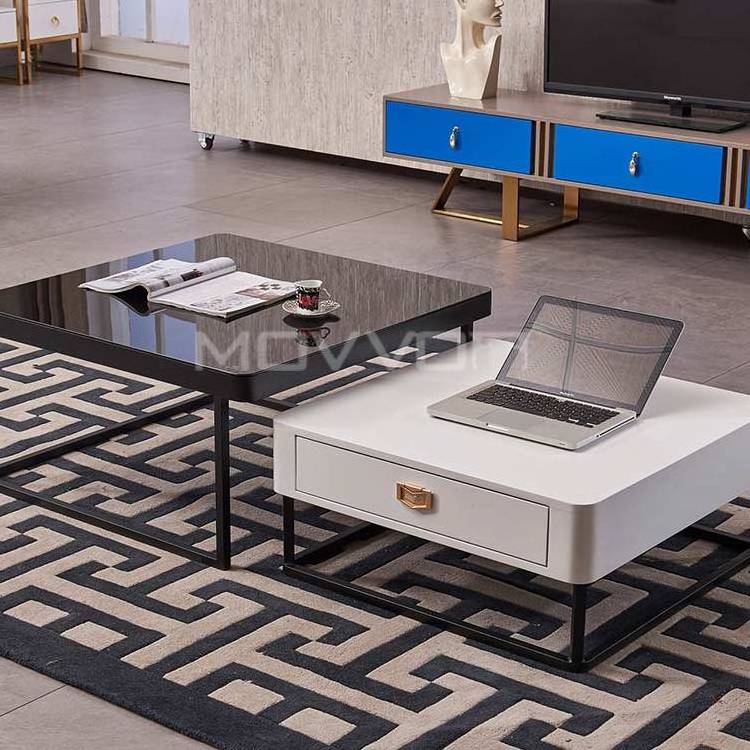 Stainless Steel Base Fancy Tempered Glass Coffee Table with storage drawers