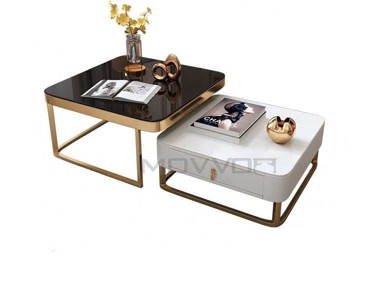 Stainless Steel Base Fancy Tempered Glass Coffee Table with storage drawers