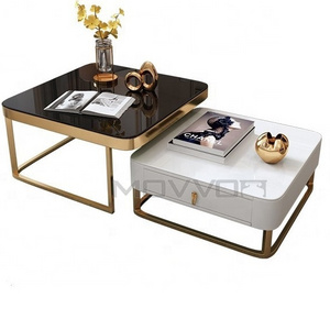 Stainless Steel Base Fancy Tempered Glass Coffee Table with storage drawers