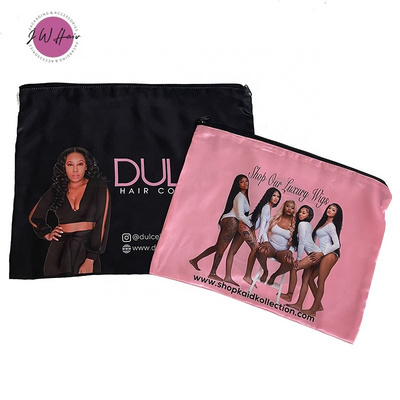 Hair Extensions Packaging Silk Zipper Satin Bag Custom All Over Logo Printed Satin Zip Hair Stylist Pouch Wig Storage Bag