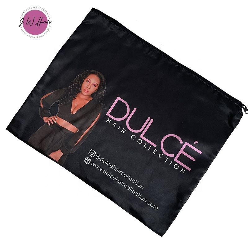 Hair Extensions Packaging Silk Zipper Satin Bag Custom All Over Logo Printed Satin Zip Hair Stylist Pouch Wig Storage Bag