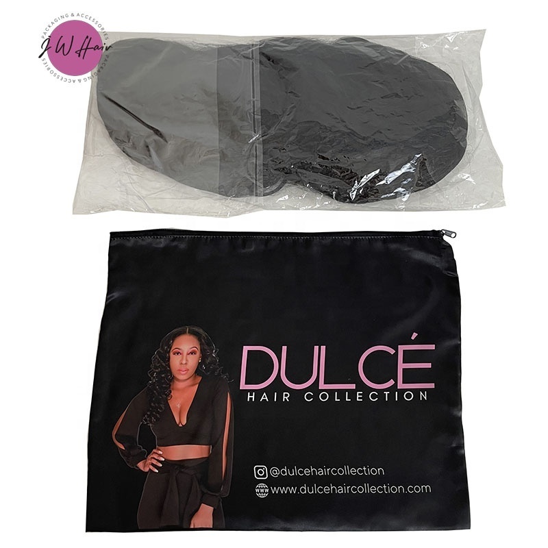 Hair Extensions Packaging Silk Zipper Satin Bag Custom All Over Logo Printed Satin Zip Hair Stylist Pouch Wig Storage Bag