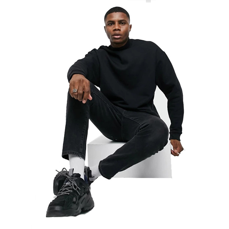 OEM Custom Logo Blank Turtleneck Sweater Men Crew neck Oversized Pullover Sweatshirt In Black