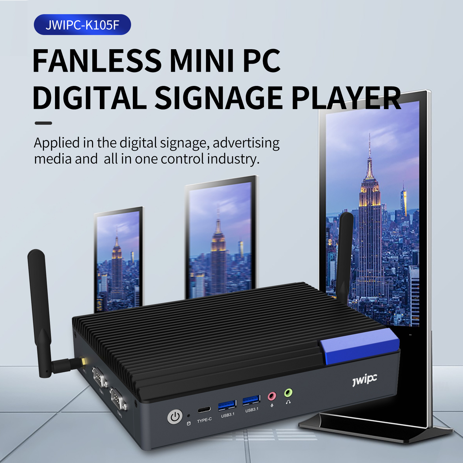 JWIPC Intel Core i3 i5 i7 mini pc dual lan 6usb DP1.4 embedded box digital signage player 8K fanless mini industrial computer