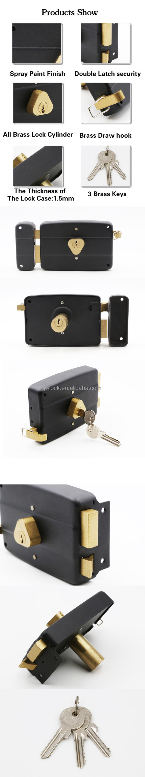 540 Rim Lock Full Brass Cylinder Rim Lock Gate Door Lock Aluminum Latch Zinc Alloy Deadbolt With 3 Cylindrical Deadbolts