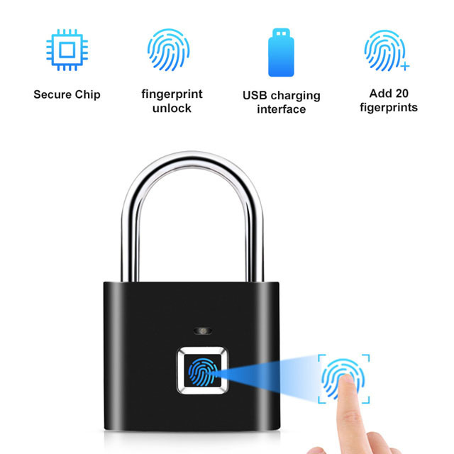 Zinc Alloy Metal Smart Fingerprint Lock USB Rechargeable Fingerprint Pad lock For Door Or Luggage