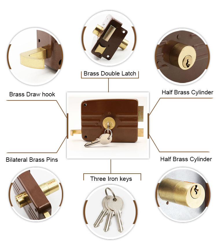 High Quality Outdoor Lock Double Side Rim Lock Door Key Metal Deadbolt Door Gate Lock Full Brass Cylinder Red Color