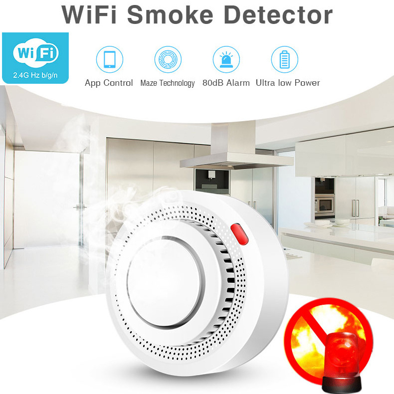 Wireless Tuya Wifi Fire Smoke Alarm Detector 80db Battery Operated Photoelectric Smoke Detector